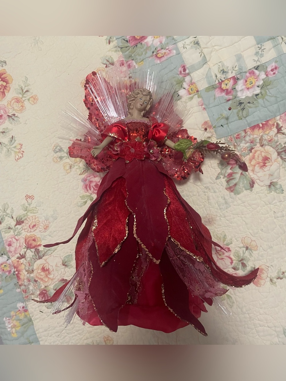 Red Floral Fairy Tree Topper - Decorative Home Accent